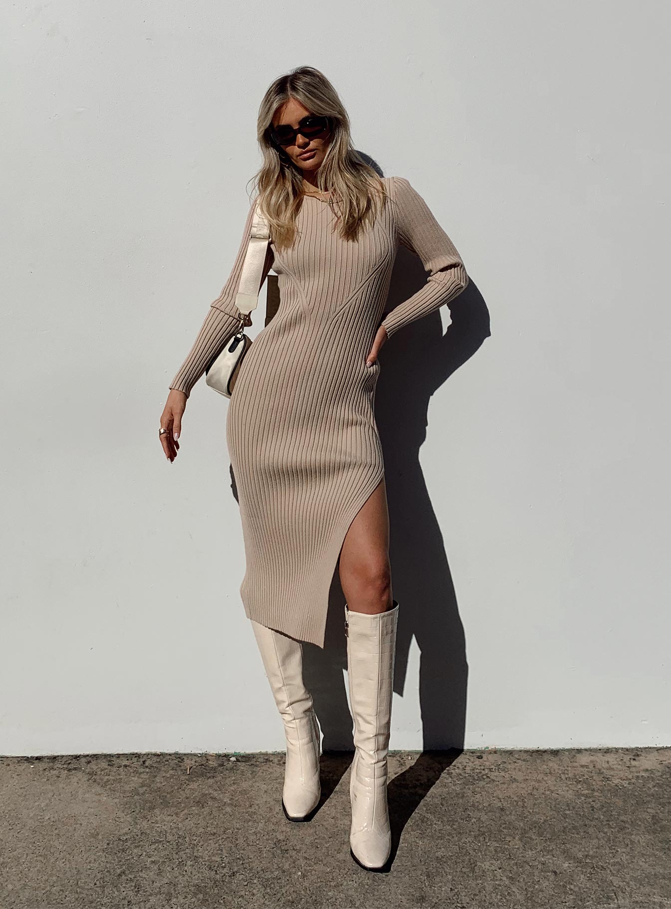 Midi dress with long boots best sale