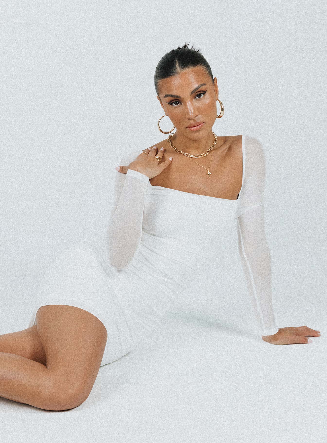 Front view of model wearing  front Princess Polly Square Neck  Charvi Long Sleeve Mini Dress White