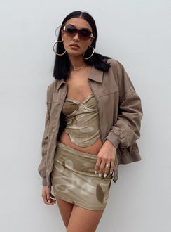 Matching set Mesh material  Printed design  Strapless top  Wired cusp  Sheer back  Mini skirt  Elasticated waistband 