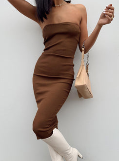 Front view of model wearing  front Princess Polly High Neck  Paige Strapless Midi Dress Brown