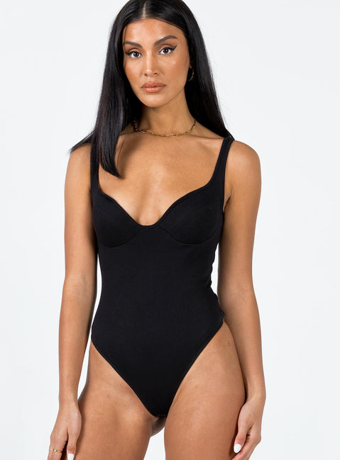 front view of model wearing Princess Polly Wilana Bodysuit Black Sleeveless Sweetheart 