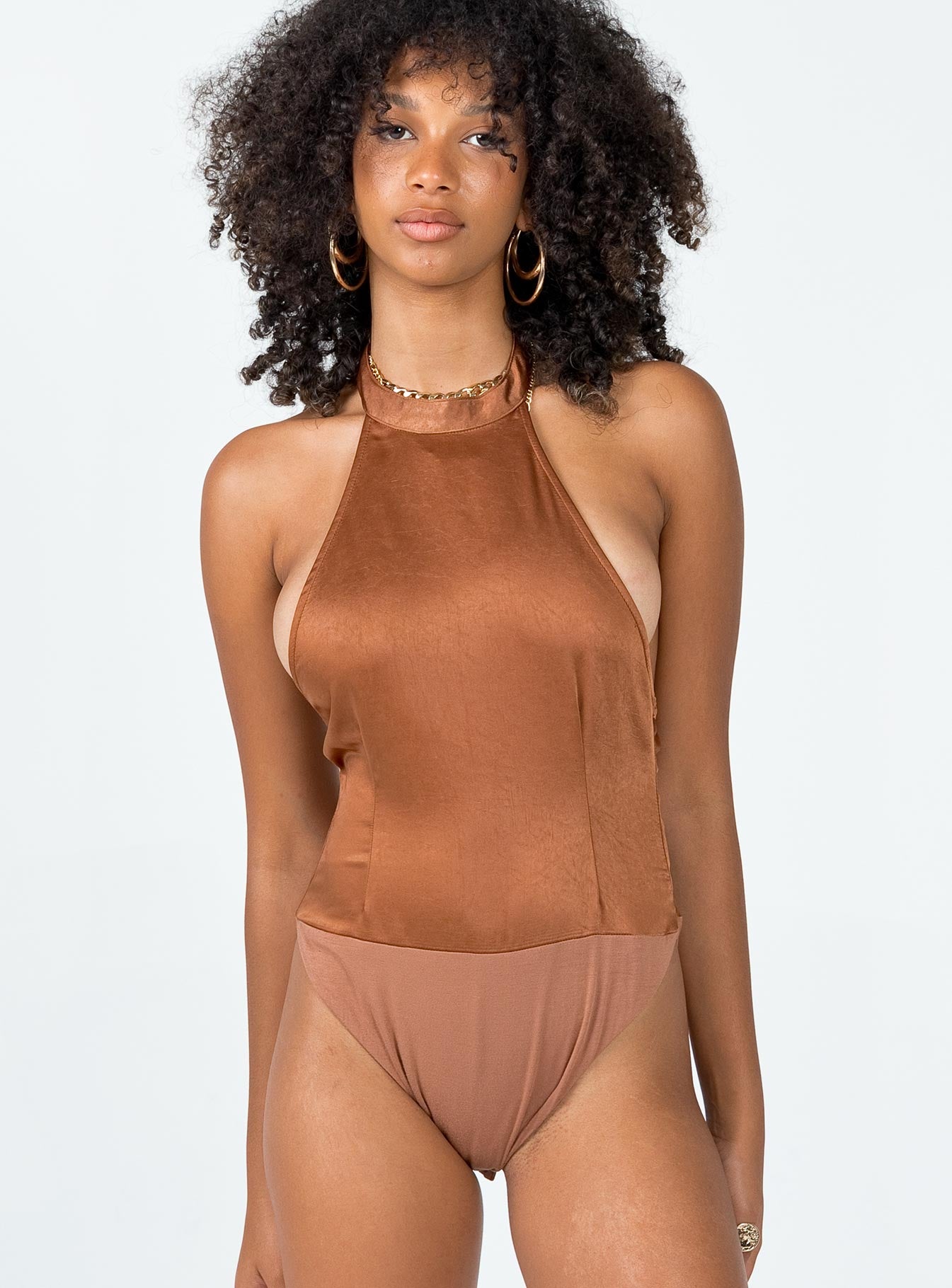 front view of model wearing Princess Polly Stanley Bodysuit Brown Sleeveless High Neck 