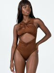 front view of model wearing Princess Polly Hendrix Bodysuit Brown Sleeveless V-Neck 