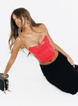 Red bustier Faux leather material Strapless design  Boning through front  Pointed hem  Zip fastening at back  Fully lined 