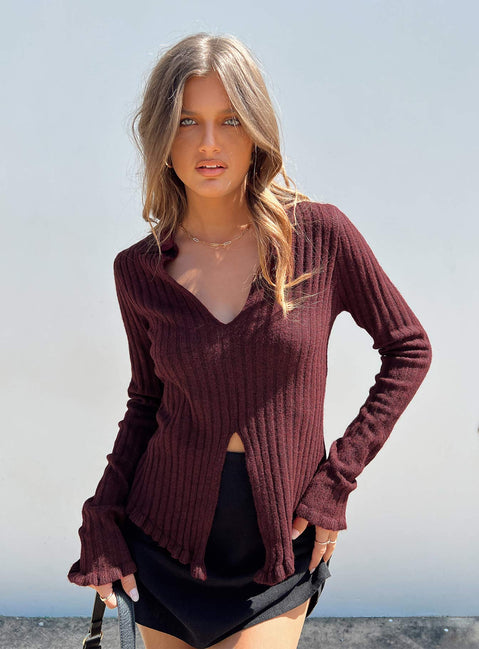 Front view of model wearing  front Princess Polly Full Sleeves Cowl  Lahey Long Sleeve Polo Knit Top Maroon