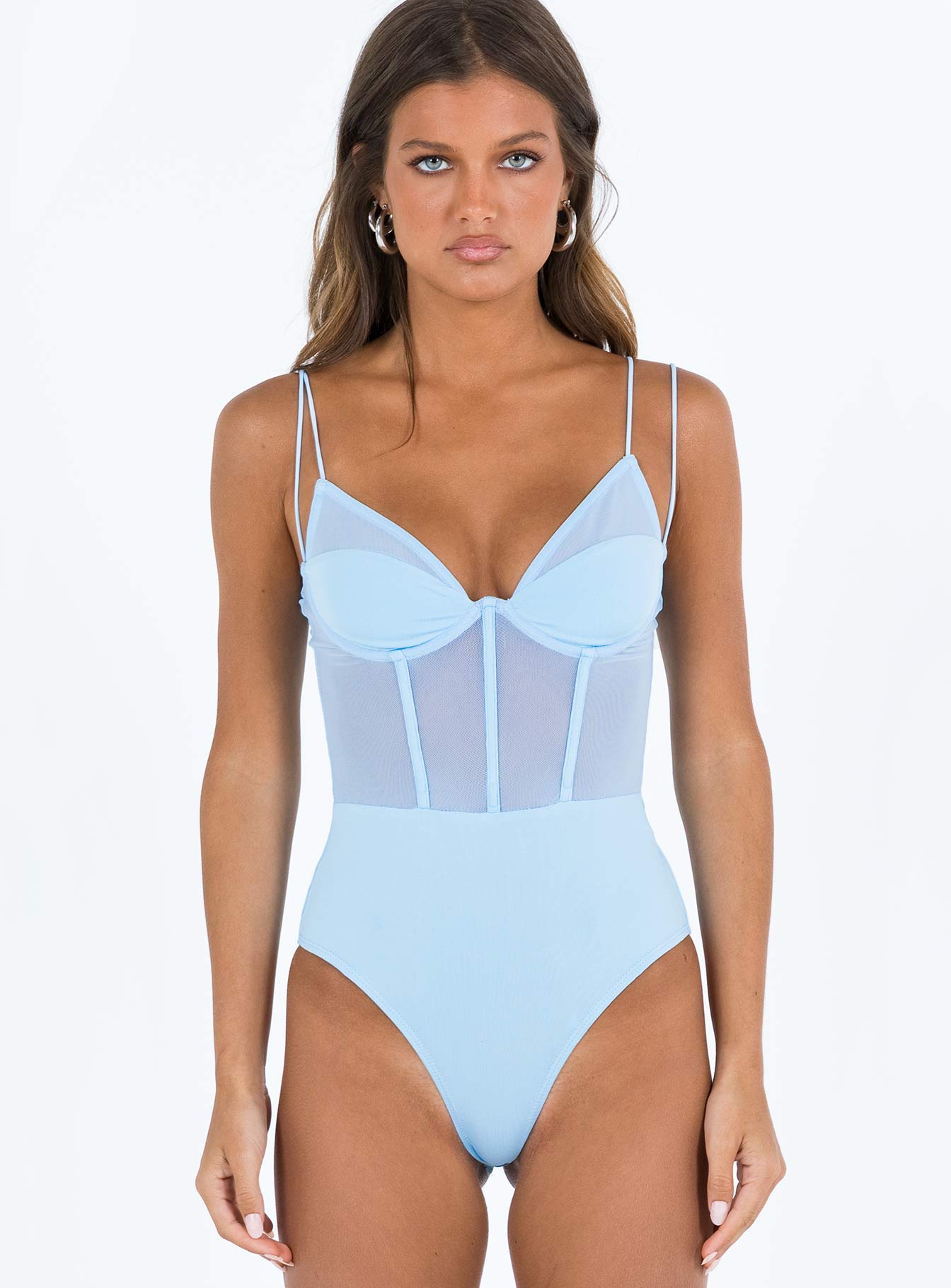 front view of model wearing Princess Polly Bamba Bodysuit Blue Sleeveless 