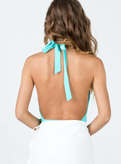 back view of model wearing Princess Polly Allie Halter Bodysuit Teal Sleeveless High Neck 
