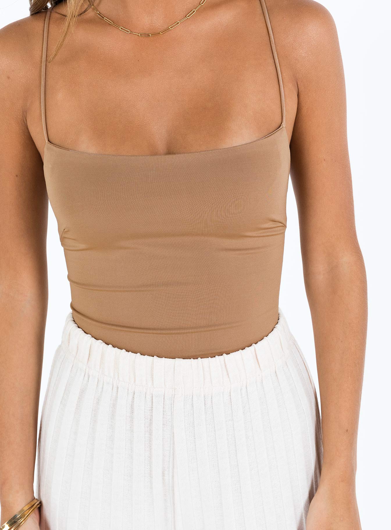 back view of model wearing Princess Polly Karlah Bodysuit Beige Sleeveless Square Neck 