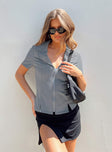 Front view of model wearing  front Princess Polly Short Sleeves High Neck  Steyer Top Grey