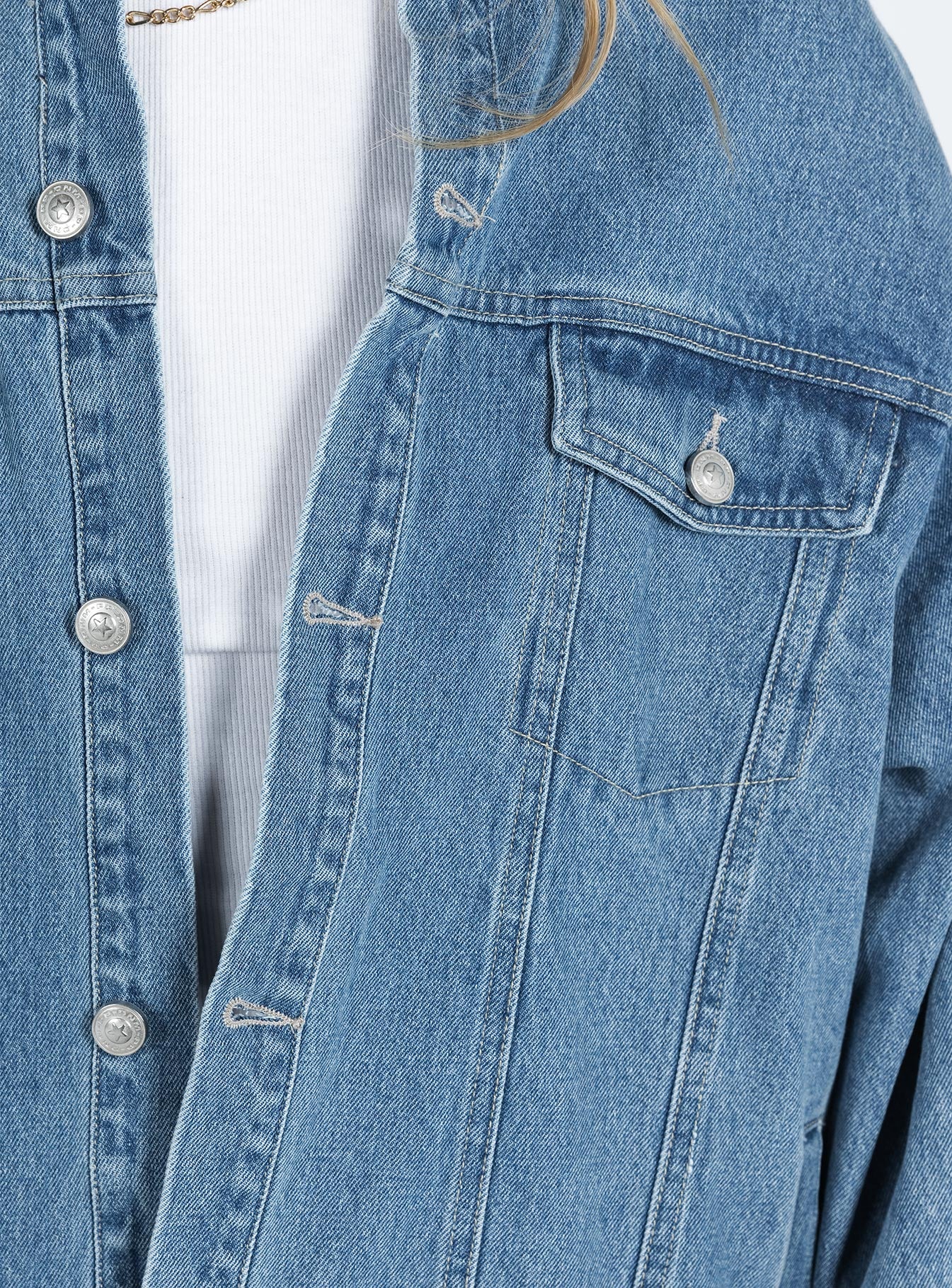 Blue denim jacket Mid wash denim Pointed collar Button fastening at front Twin chest pockets Single button cuff Non-stretch Unlined