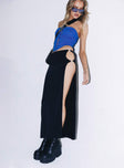   side view of model wearing Princess Polly Bobbie Rose Maxi Skirt Black Maxi 