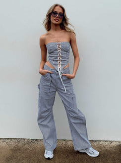 front view of model wearing Princess Polly East Gate Corset Navy Pinstripe Sleeveless Square Neck 