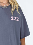 Front view of model wearing  front Princess Polly Three Fourth Sleeves Crew Neck  222 Alignment Oversized Tee Slate