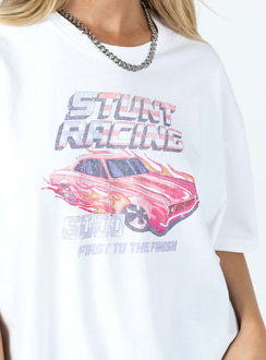 Front view of model wearing  front Princess Polly Three Fourth Sleeves Crew Neck  Stunt Racer Tee Ivory