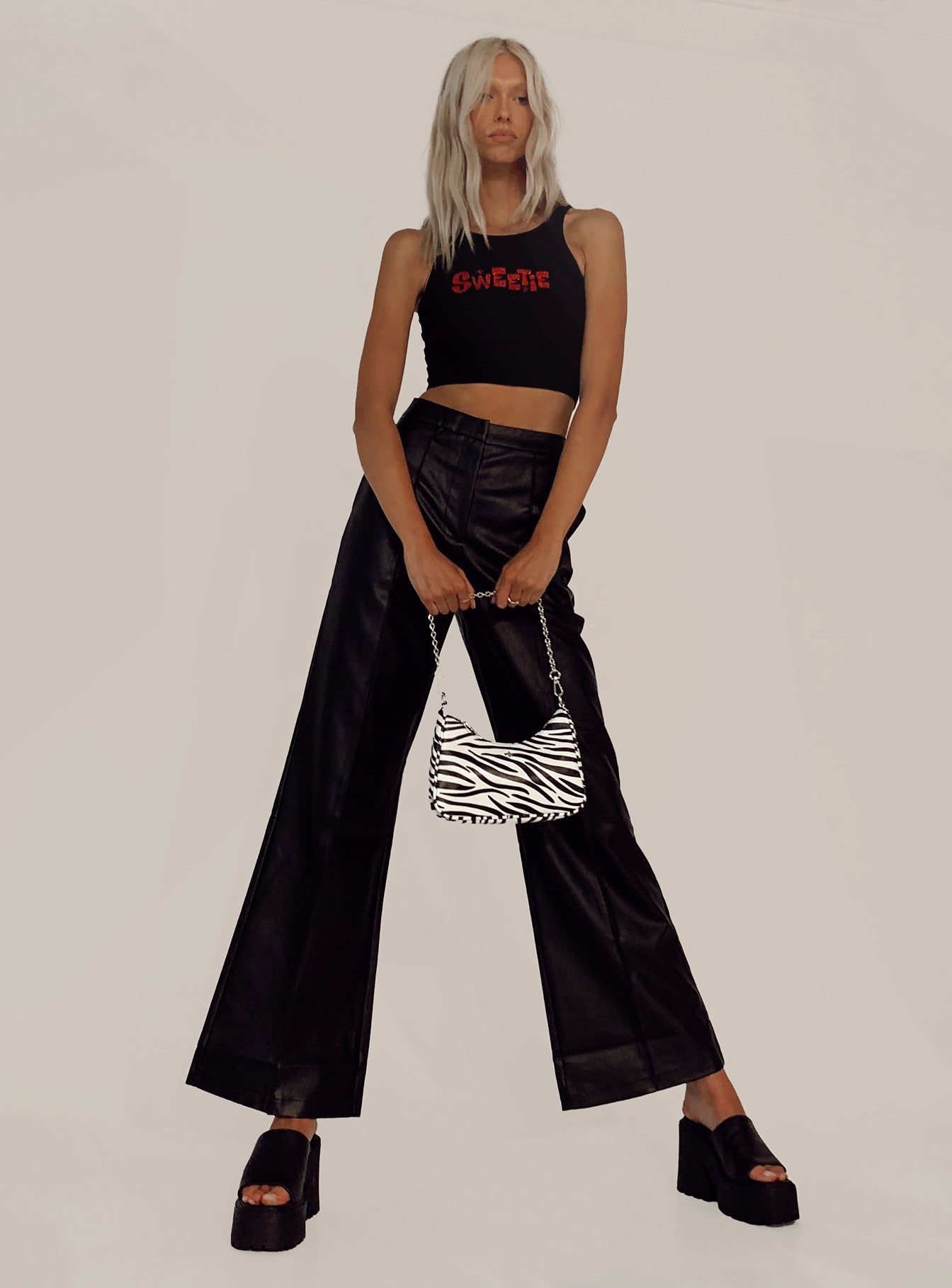 front view of model wearing Princess Polly Sweetie Tank Top Black 