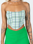 back view of model wearing Princess Polly Maiya Strapless Top Green Check 