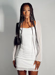 Front view of model wearing  front Princess Polly Square Neck  Bilbao Long Sleeve Mini Dress White