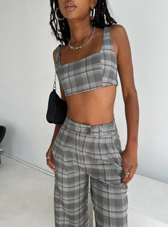 Matching set Check print Crop top Invisible zip fastening at side High waisted pants Wide leg Belt looped waist Zip & button fastening