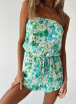 Green strapless romper Floral print  Sheer material  Elasticated bust & waist  Tie detail at waist 