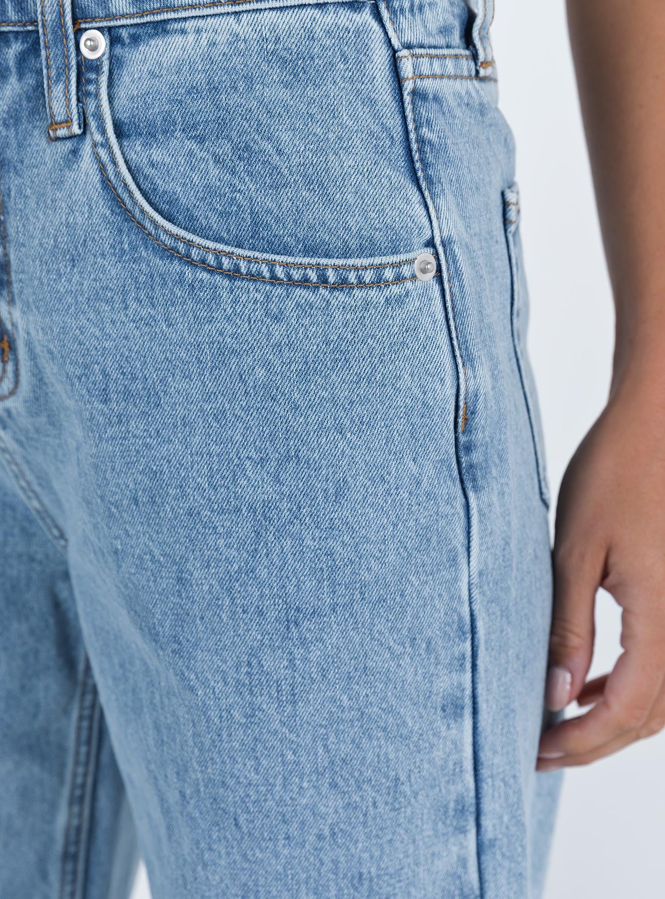 Front view of model wearing  front Princess Polly High Waisted  Ollie Straight Leg Jean Mid Wash Denim