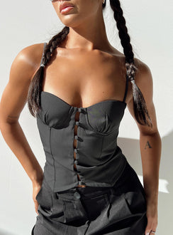 Front view of model wearing  front Princess Polly Sleeveless Sweetheart  Archette Corset Vest Grey