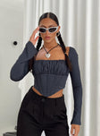 Front view of model wearing  front Princess Polly Full Sleeves Square Neck  Dennison Long Sleeve Top Grey