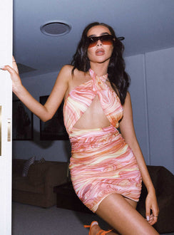 front view of model wearing Princess Polly Christoph Mini Dress Orange 