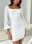 Front view of model wearing  front Princess Polly Boat Neck  Napier Long Sleeve Mini Dress White