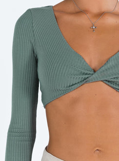 Front view of model wearing  front Princess Polly Full Sleeves V-Neck  Kyora Long Sleeve Top Khaki