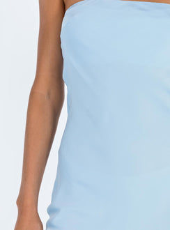 Front view of model wearing  front Princess Polly Asymmetric Neckline  Jasmyn Mini Dress Blue