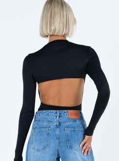 back view of model wearing Princess Polly Tarrick High Neck Bodysuit Black Full Sleeves High Neck 