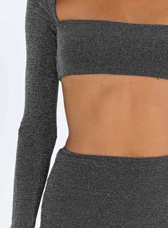 Matching set Sparkly material Long sleeve top Square neckline Maxi skirt Leg slit