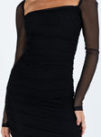 Front view of model wearing  front Princess Polly Square Neck  Charvi Long Sleeve Midi Dress Black