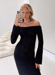 Front view of model wearing  front Princess Polly Asymmetric Neckline  Devyn Off The Shoulder Maxi Dress Black