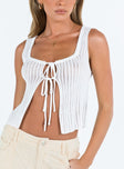 White top Sheer knit material Scoop neck Double tie fastening at front Good Stretch Unlined 