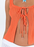 Orange top Sheer knit material Scoop neck Double tie fastening at front Good Stretch Unlined 