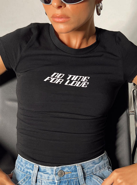 Front view of model wearing  front Princess Polly  No Time For Love Tee Black