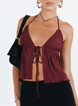 Front view of model wearing  front Princess Polly Sleeveless Scoop Neck  Chantria Top Burgundy