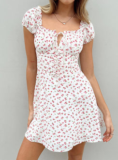 Front view of model wearing  front Princess Polly Crew Neck  Lidia Mini Dress White Multi