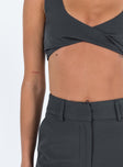 Two piece set Crop top Twist detail at bust Invisible zip fastening at side Pants Belt looped waist  Front button and zip fastening  Twin hip pockets