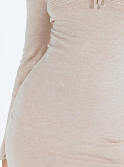 Front view of model wearing  front Princess Polly High Neck  Messel Off The Shoulder Mini Dress Beige