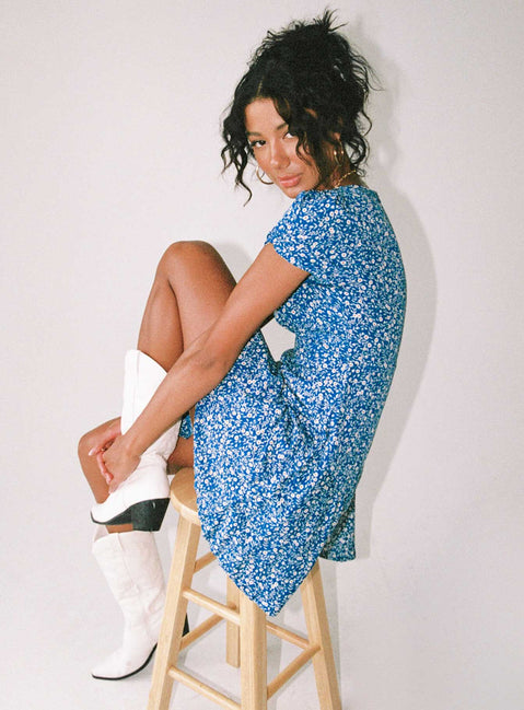 Front view of model wearing  front Princess Polly Asymmetric Neckline  The Sting Mini Dress Blue Petite Lower Impact