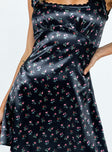 Front view of model wearing  front Princess Polly Boat Neck  Berlin Satin Mini Dress Black Floral