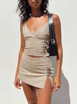 Front view of model wearing  front Princess Polly Sleeveless Asymmetric Neckline  Back 2k Top Taupe