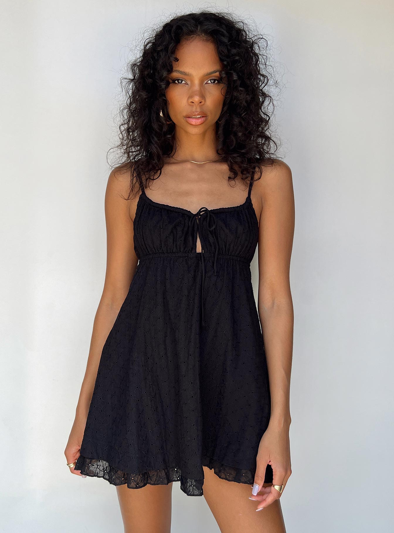 Front view of model wearing  front Princess Polly Square Neck  Empress of Love Mini Dress Black Embroidery