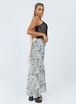   side view of model wearing Princess Polly Ziggy Maxi Skirt Black / White Maxi 