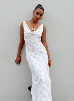 Front view of model wearing  front Princess Polly High Neck  Asbyn Maxi Dress White Floral