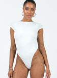 front view of model wearing Princess Polly Solita Bodysuit White Short Sleeves Boat Neck 