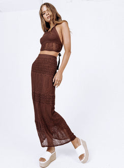 Matching set Crochet material  Halter neck top Exposed back High-waisted maxi skirt  Elasticated waistband 