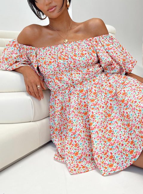 Front view of model wearing  front Princess Polly Asymmetric Neckline  Halton Mini Dress Multi